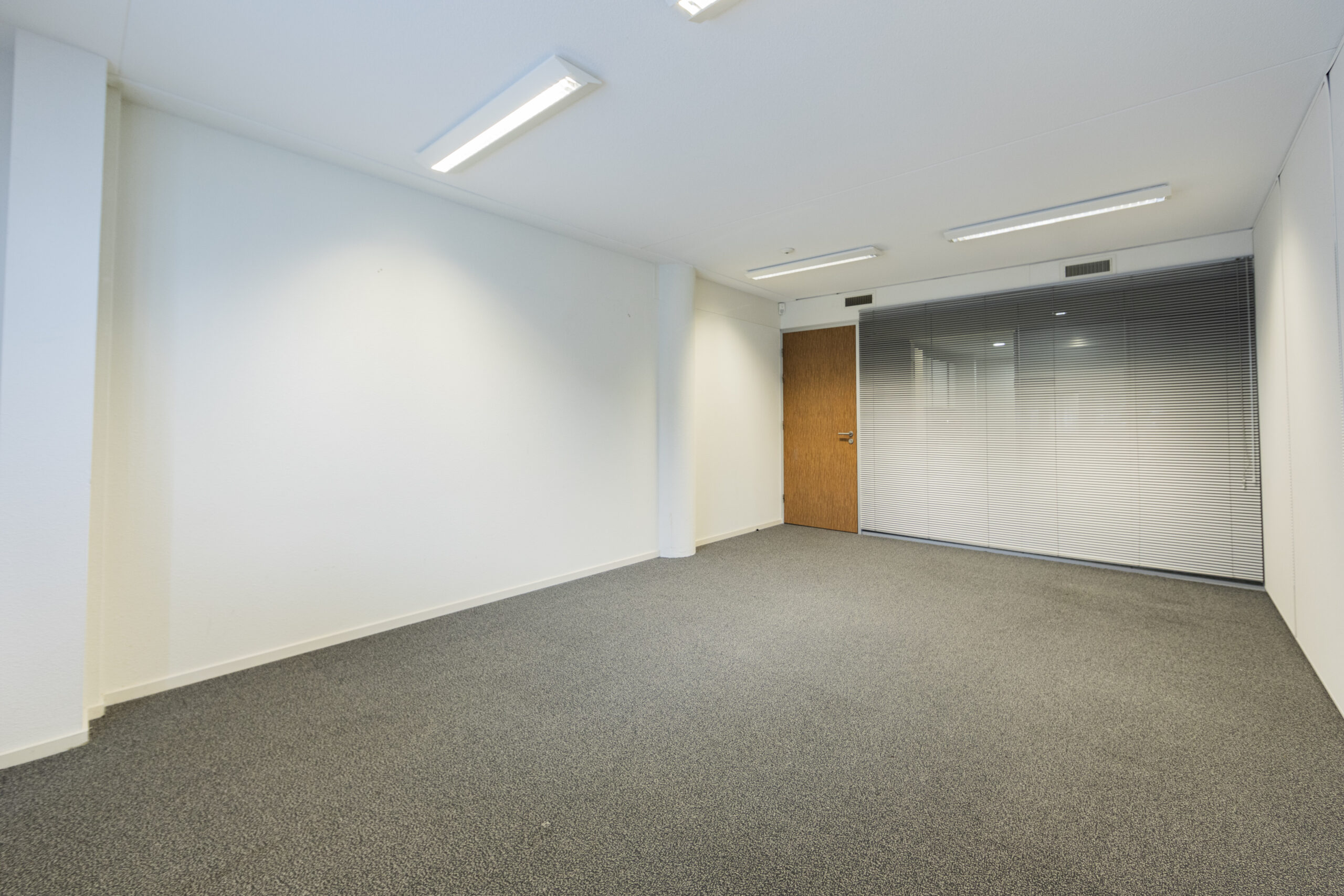 Lege kantoorruimte op de 22e etage van 3ELE_UTR_Vleuterweide_54 met witte muren, een houten deur en grijze vloerbedekking.