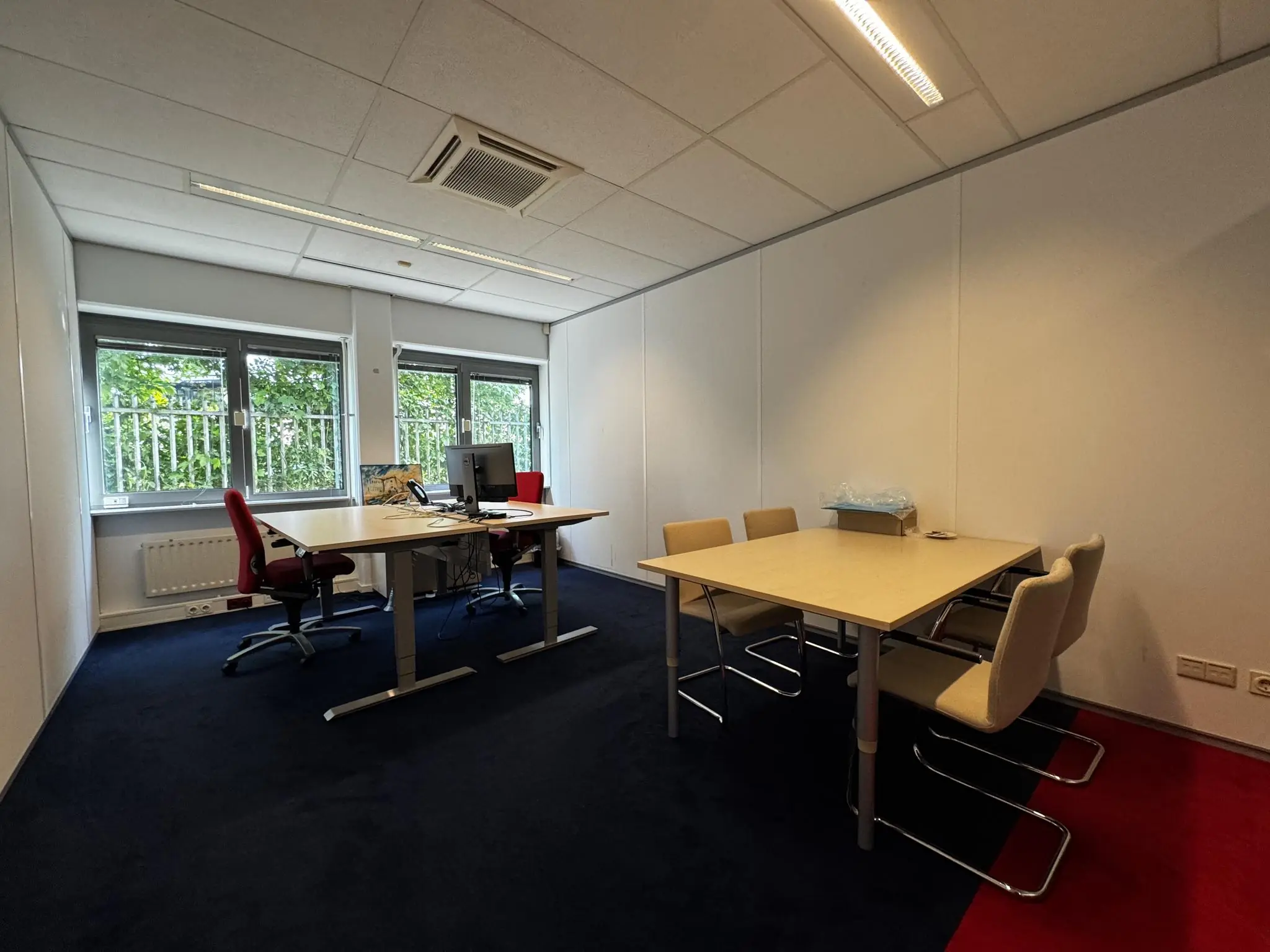 Kantoorruimte aan de Softwareweg met twee bureaus, vergadertafel en drie ramen met uitzicht op groen.