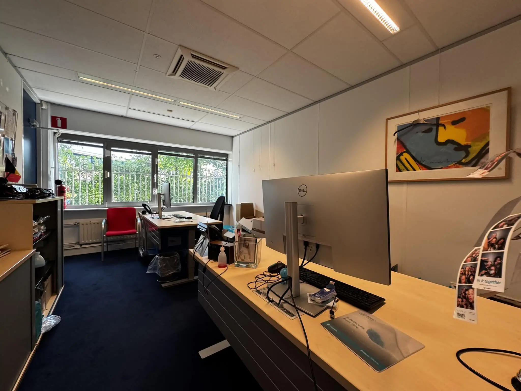 Kantoorruimte aan de Softwareweg met bureaus, computers, een raam met uitzicht op groen en een kleurrijk schilderij aan de muur.