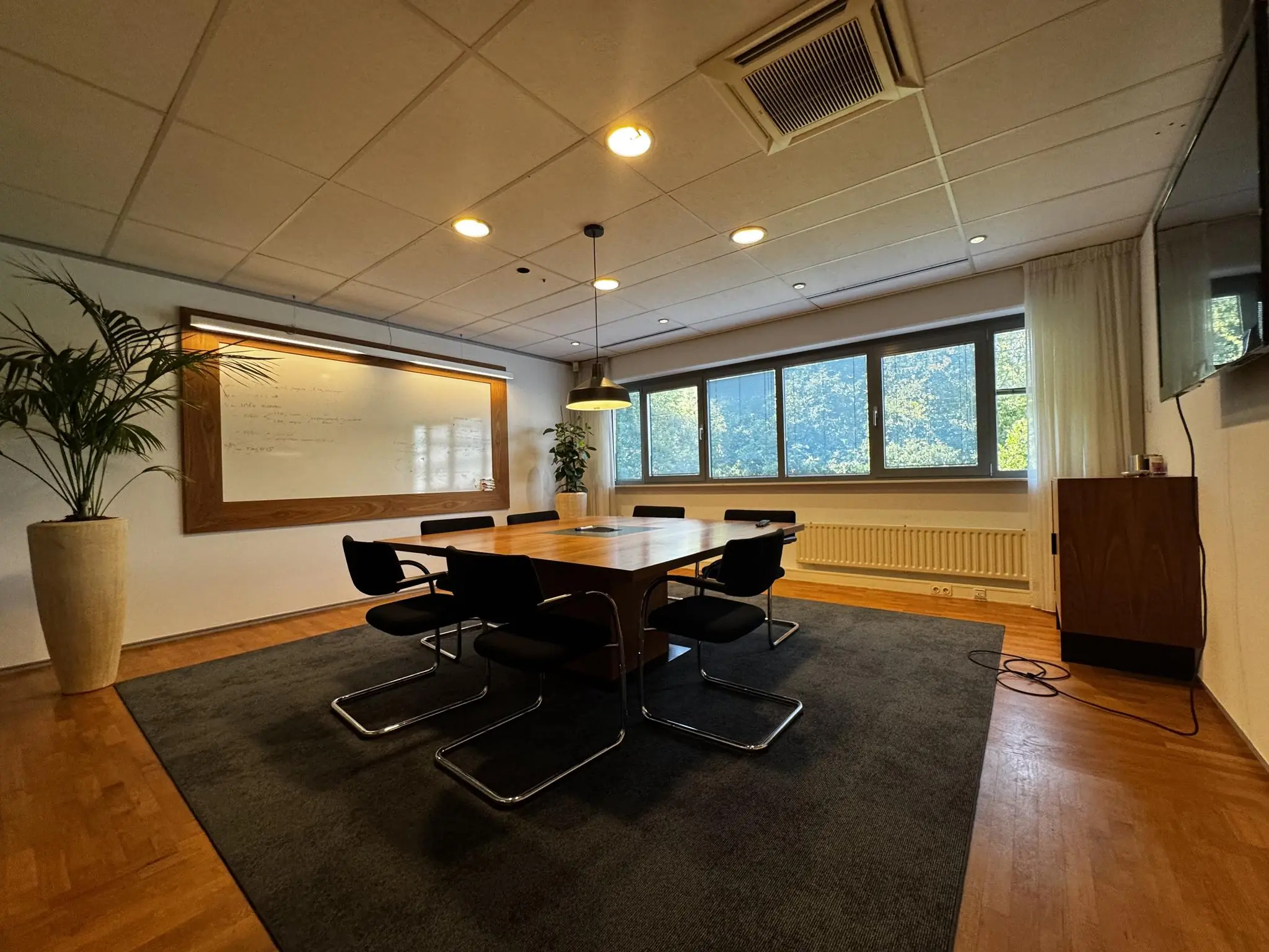 Vergaderruimte aan de Softwareweg met een houten tafel, zes zwarte stoelen, een whiteboard en grote ramen met uitzicht op groen.