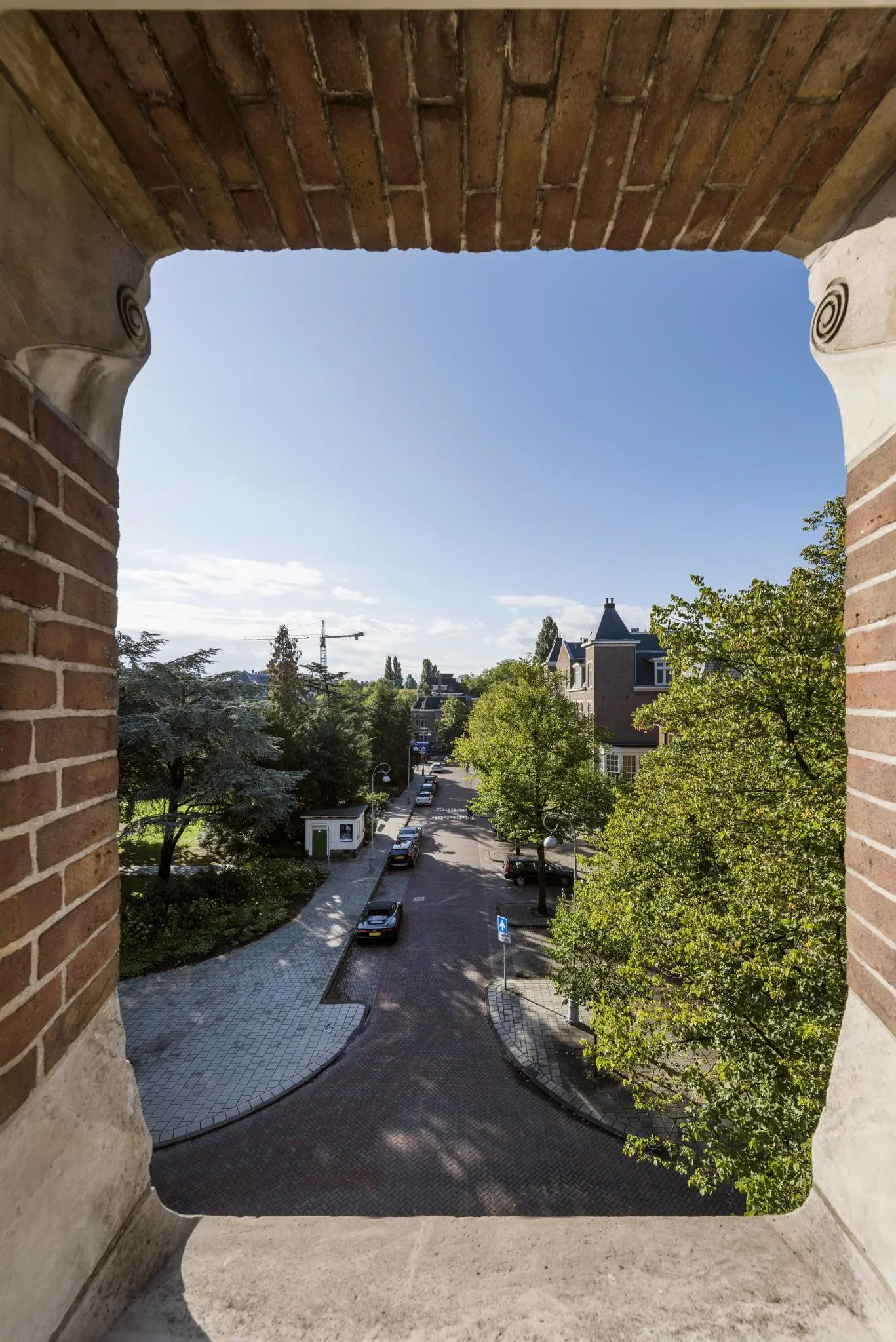 Uitzicht vanaf een hooggelegen raam op het Emmaplein met bomen, geparkeerde auto's en klassieke bebouwing.
