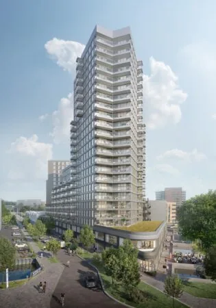 Moderne woontoren aan de H.J.E. Wenckebachweg met groene dakterrassen en levendige straatomgeving.