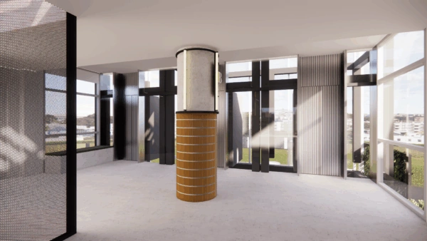 Modern interieur met een centraal betonnen zuilelement en grote ramen die uitkijken op een stedelijk landschap.