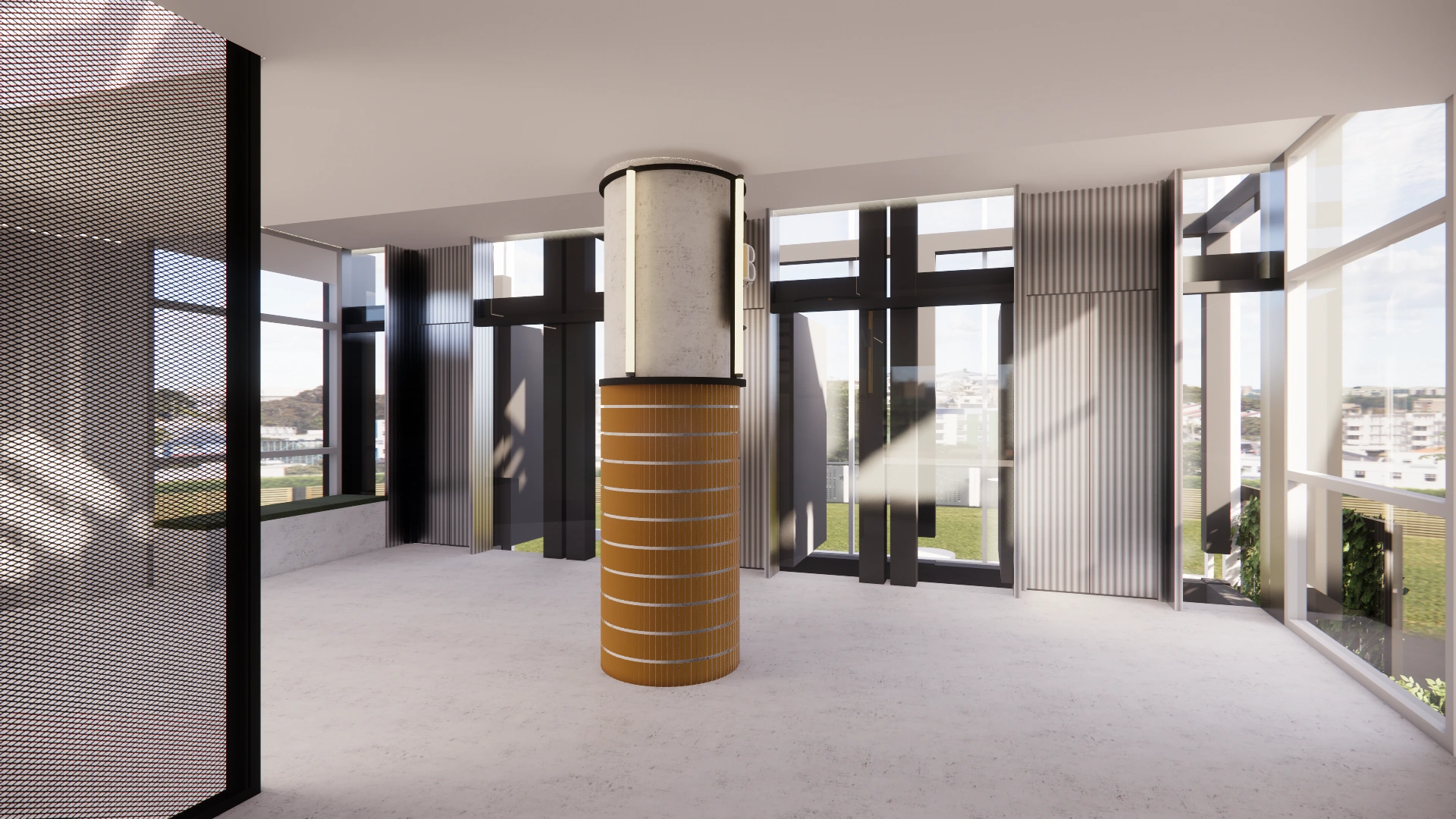 Modern interieur met een centraal betonnen zuilelement en grote ramen die uitkijken op een stedelijk landschap.