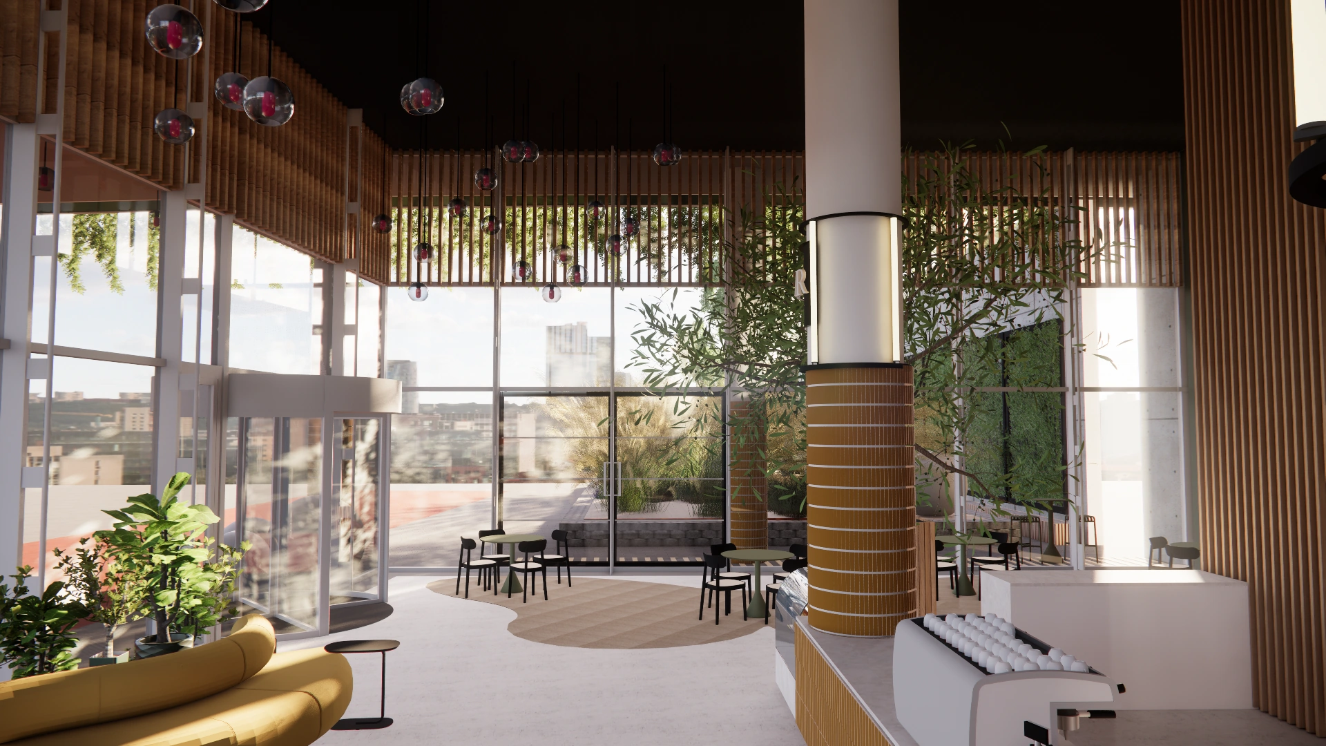 Modern ingerichte lounge met hoge ramen, houten accenten, veel groen en uitzicht op de stad, getoond in Scorpius-gebouw.