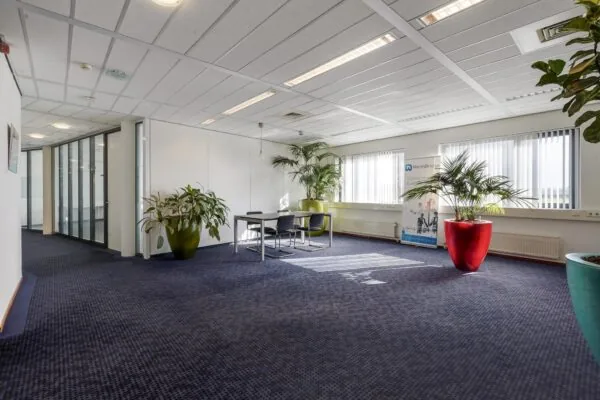 Moderne kantoorruimte aan de Laan van ’s-Gravenmade met vergadertafel, grote planten en natuurlijk licht.