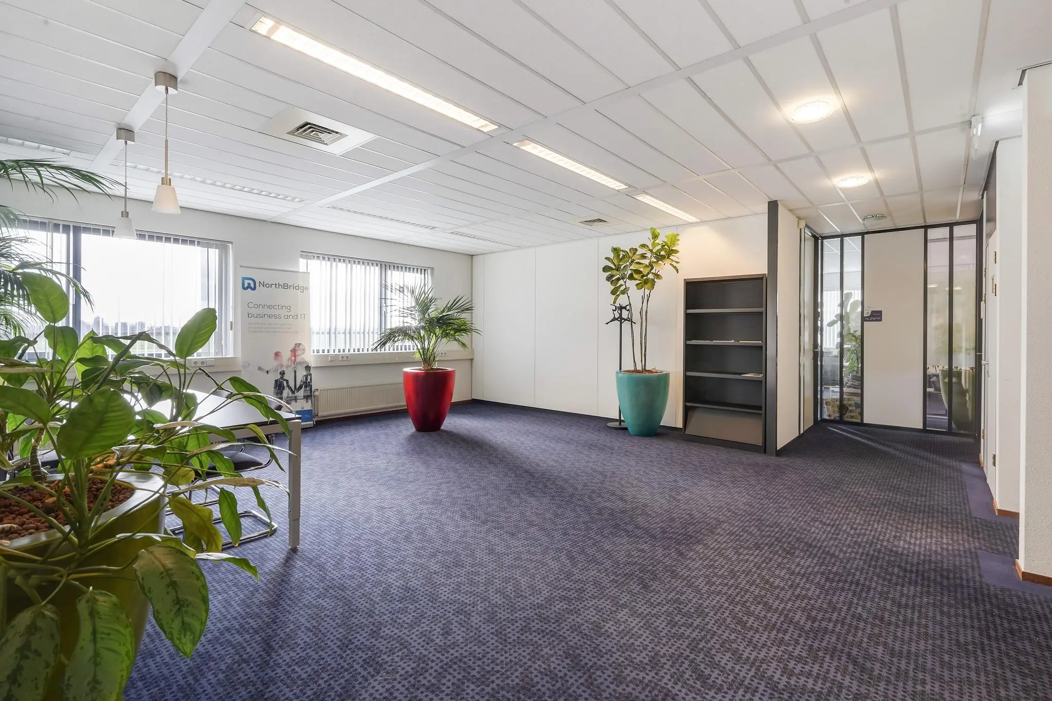 Moderne kantoorruimte aan de Laan van S’ Gravenmade met blauwe vloerbedekking, grote planten en veel daglicht.