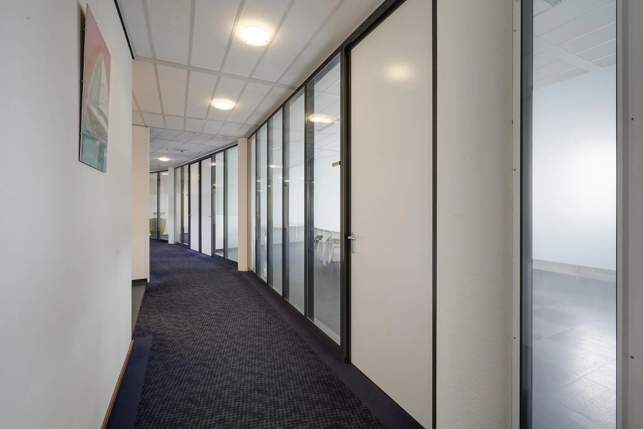 Gang in een modern kantoorpand aan de Laan van ’s-Gravenmade met glazen kantoorwanden en donker tapijt.