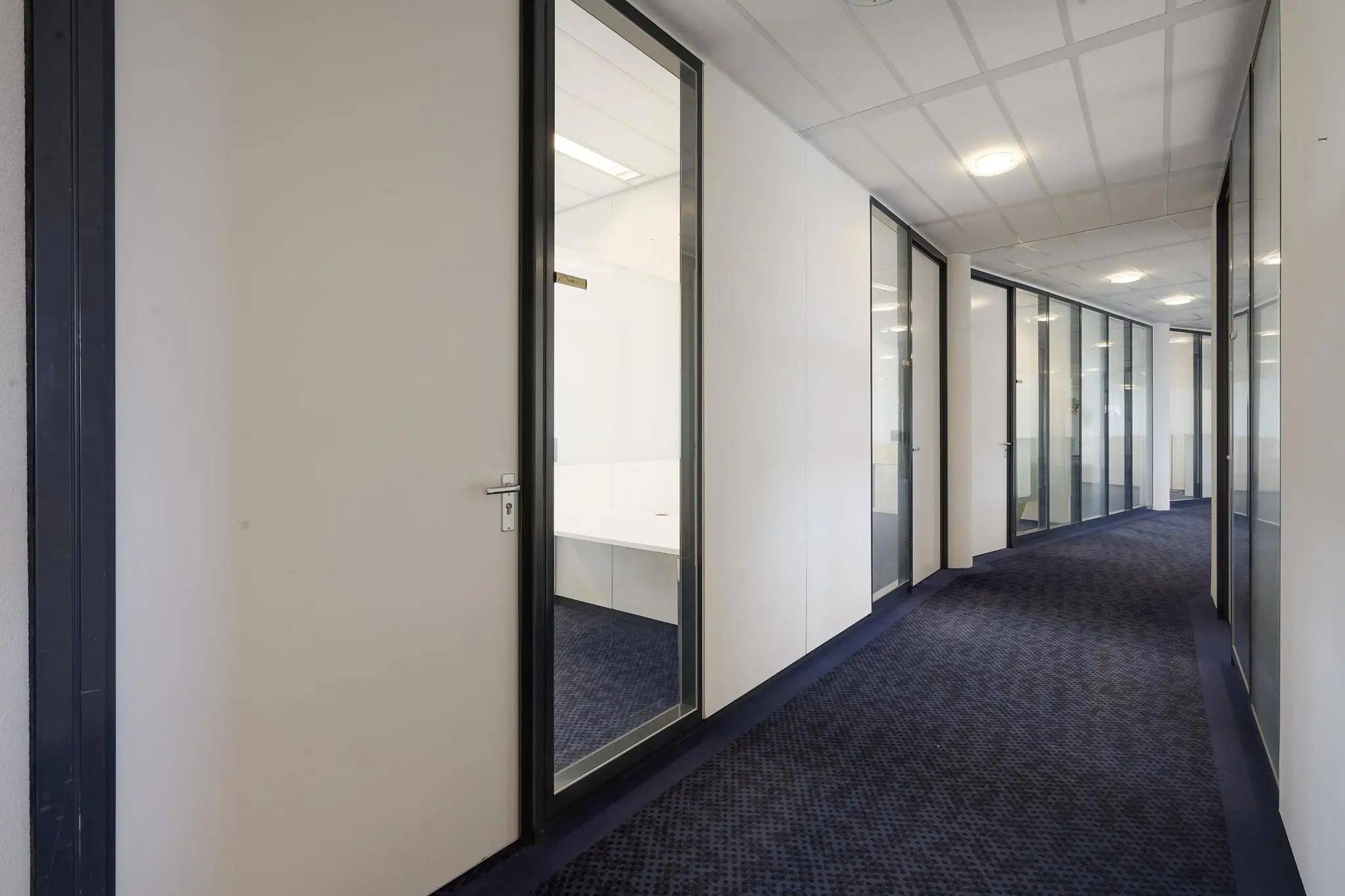 Gang met glazen kantoordeuren en donkerblauw tapijt in een modern kantoorpand aan de Laan van ’s-Gravenmade.