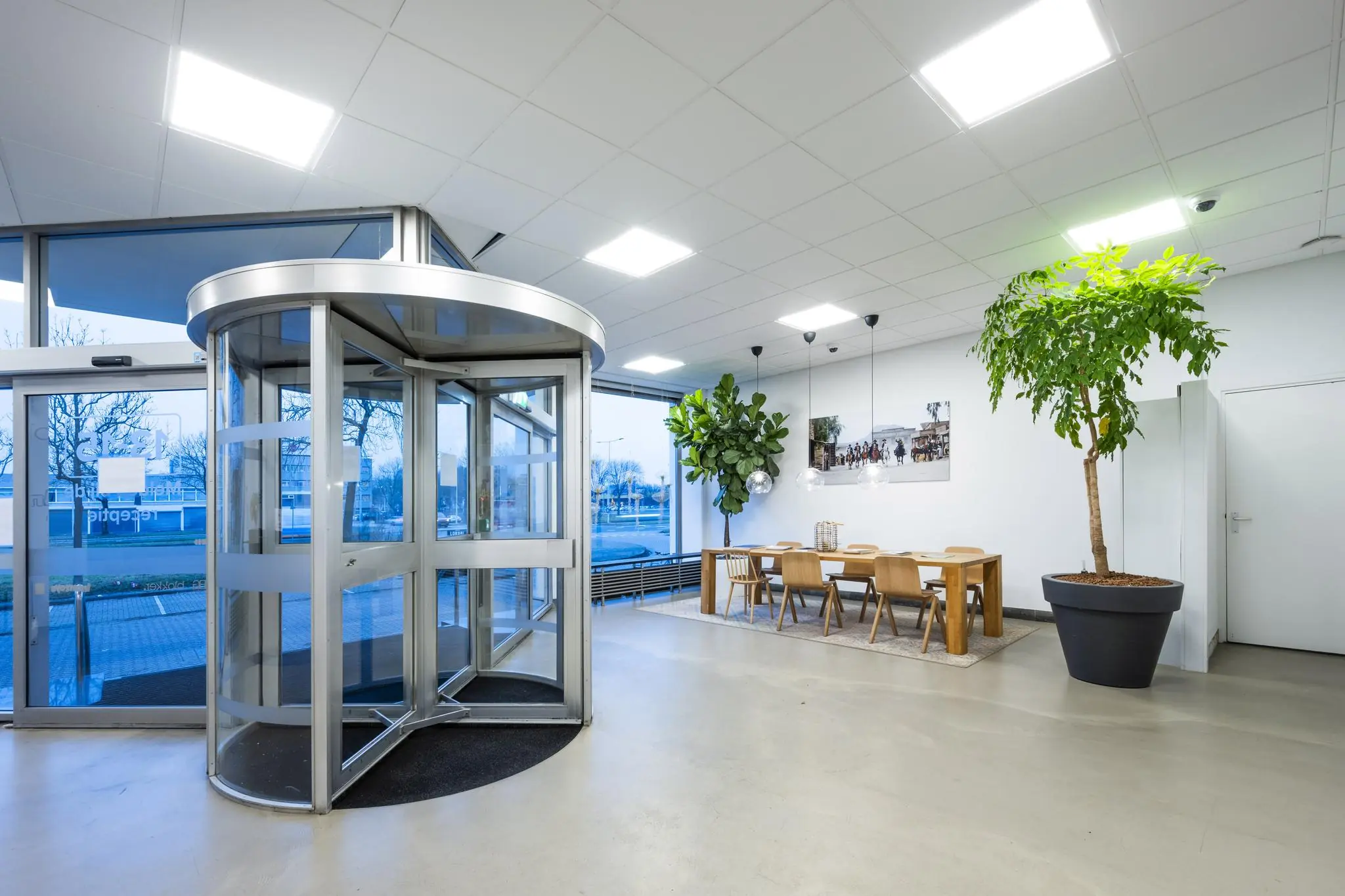 Moderne entreehal aan de Van der Madeweg met een glazen draaideur, zithoek met houten meubilair en grote kamerplanten.