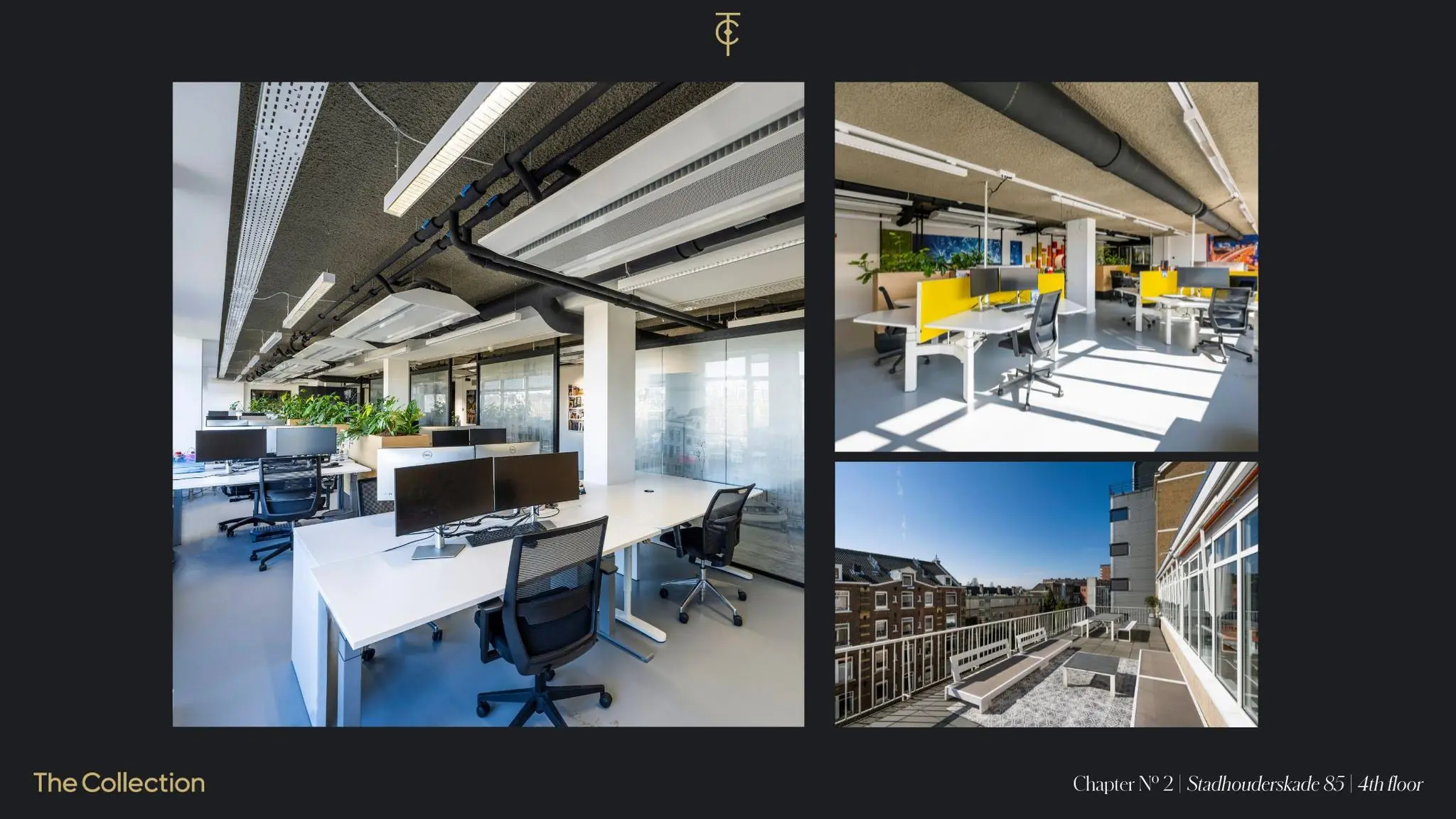 Modern kantoorinterieur en dakterras op de vierde verdieping van Stadhouderskade 85 in Amsterdam.