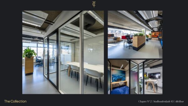 Modern kantoorinterieur op de vierde verdieping van Stadhouderskade 85 met glazen vergaderruimtes, open werkplekken en eigentijdse inrichting.