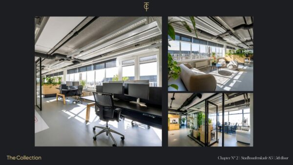 Modern ingericht kantoor op de vijfde verdieping aan de Stadhouderskade 85 met ruime werkplekken, glazen wanden en veel daglicht.