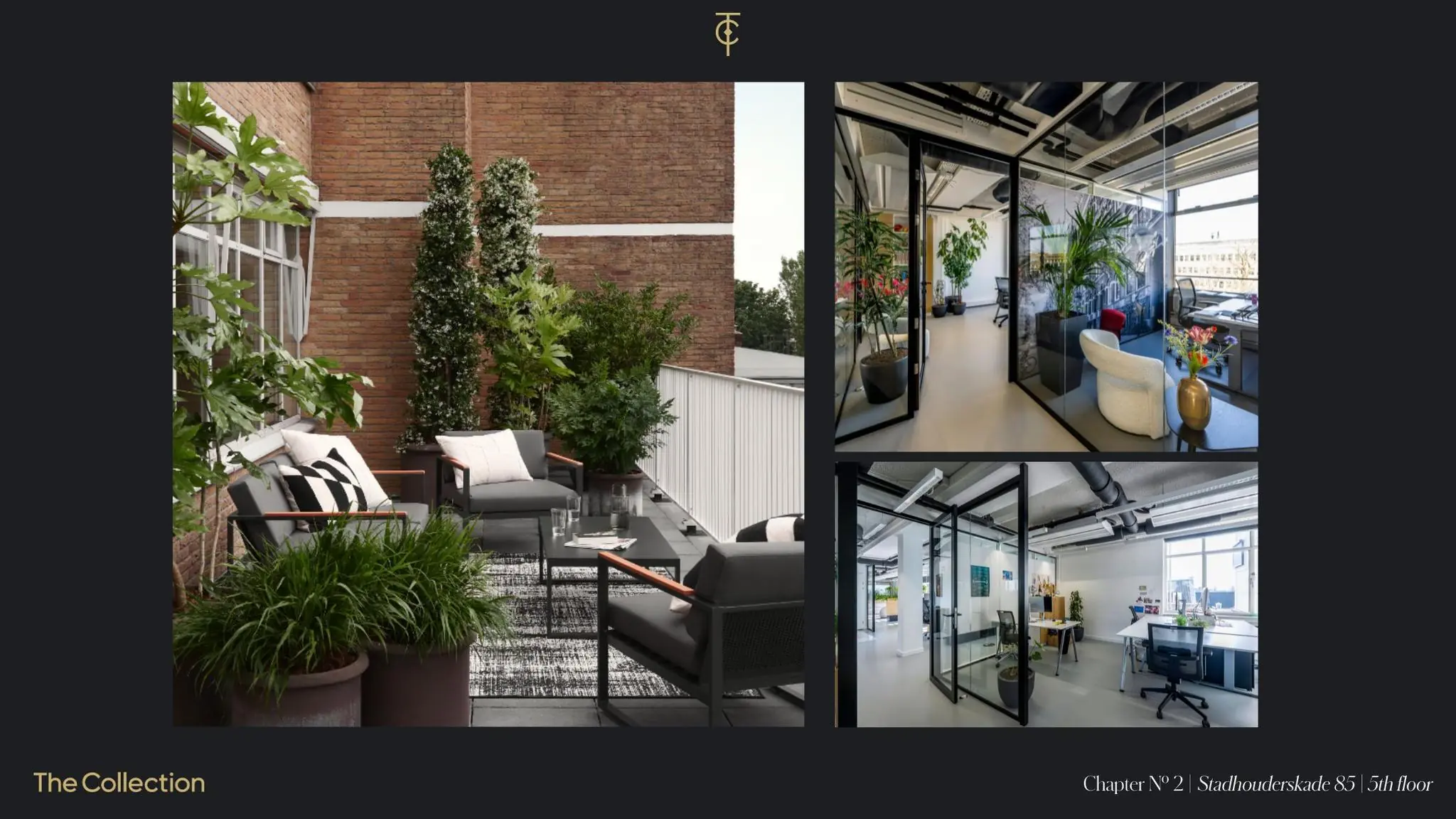 Moderne kantoorruimte en dakterras met groene aankleding op de vijfde verdieping van Stadhouderskade 85.