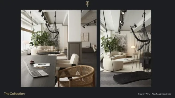 Modern ingericht interieur van The Collection aan de Stadhouderskade 85 met designmeubilair, een hangstoel en veel natuurlijke accenten.