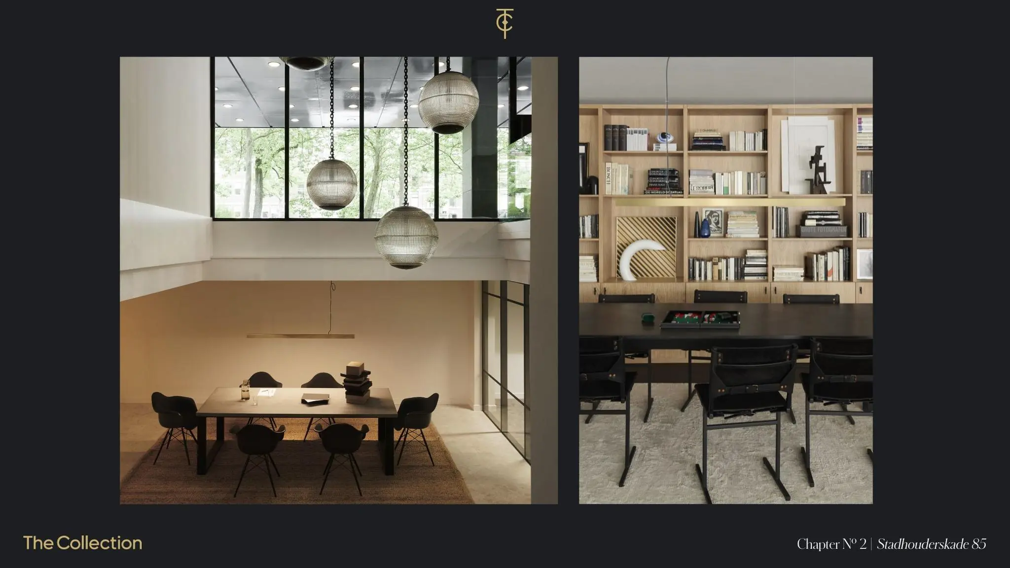 Modern ingericht kantoorinterieur aan de Stadhouderskade 85 met een vergaderruimte en een bibliotheekwand.