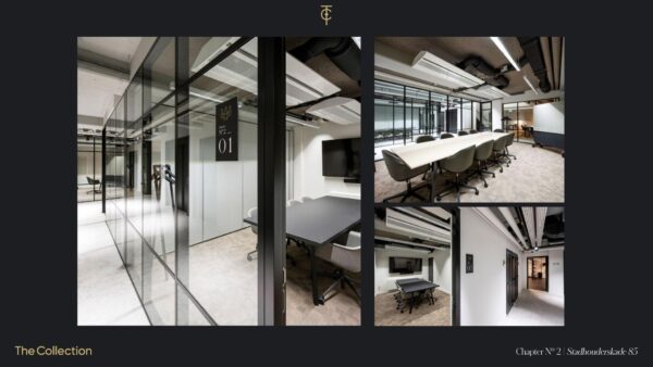 Moderne vergaderruimtes met glazen wanden en strakke inrichting in een kantoorpand aan de Stadhouderskade 85.