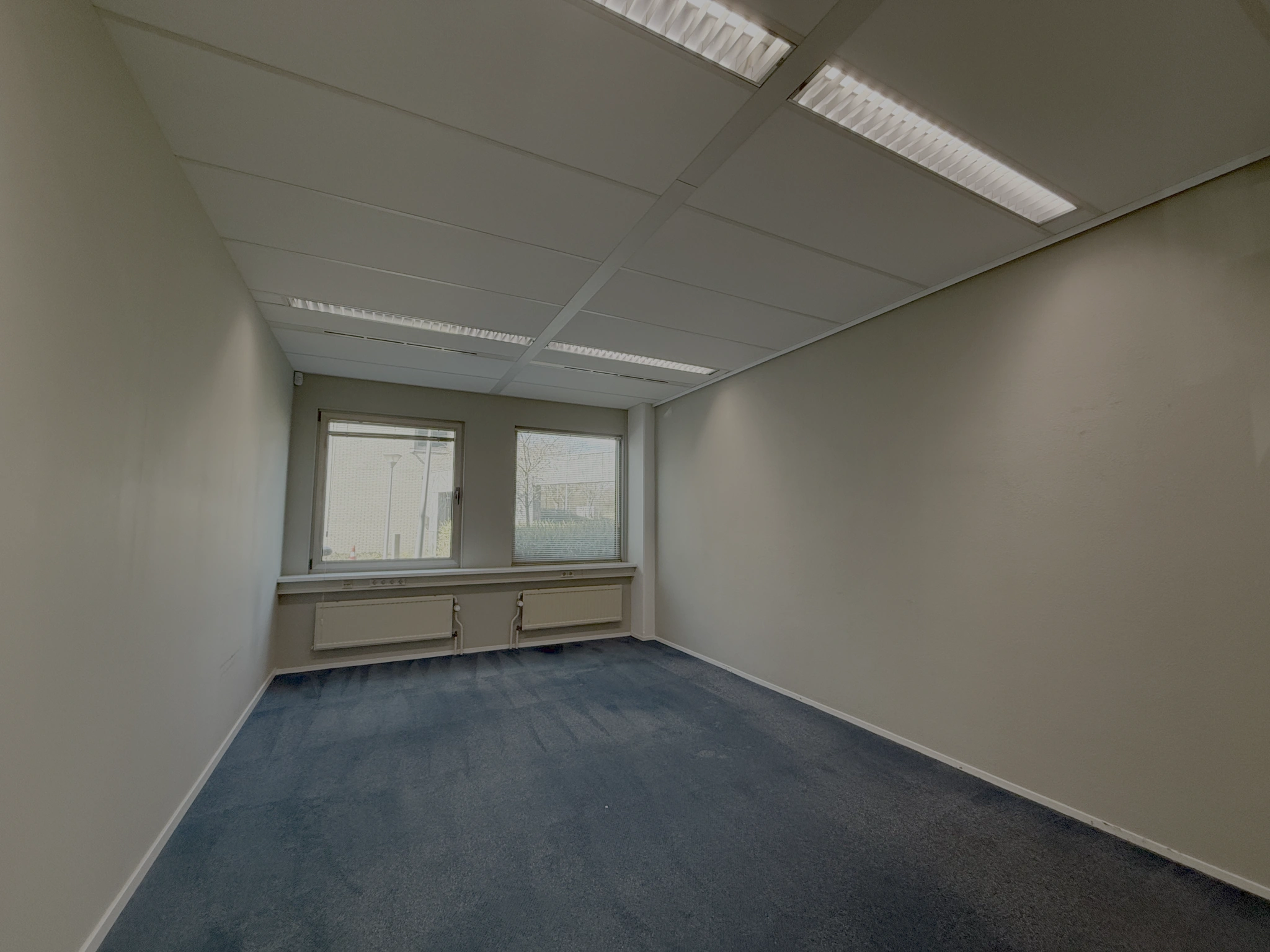 Lege kantoorruimte aan de Lunettenbaan met blauw tapijt, witte muren en twee ramen aan het einde van de ruimte.