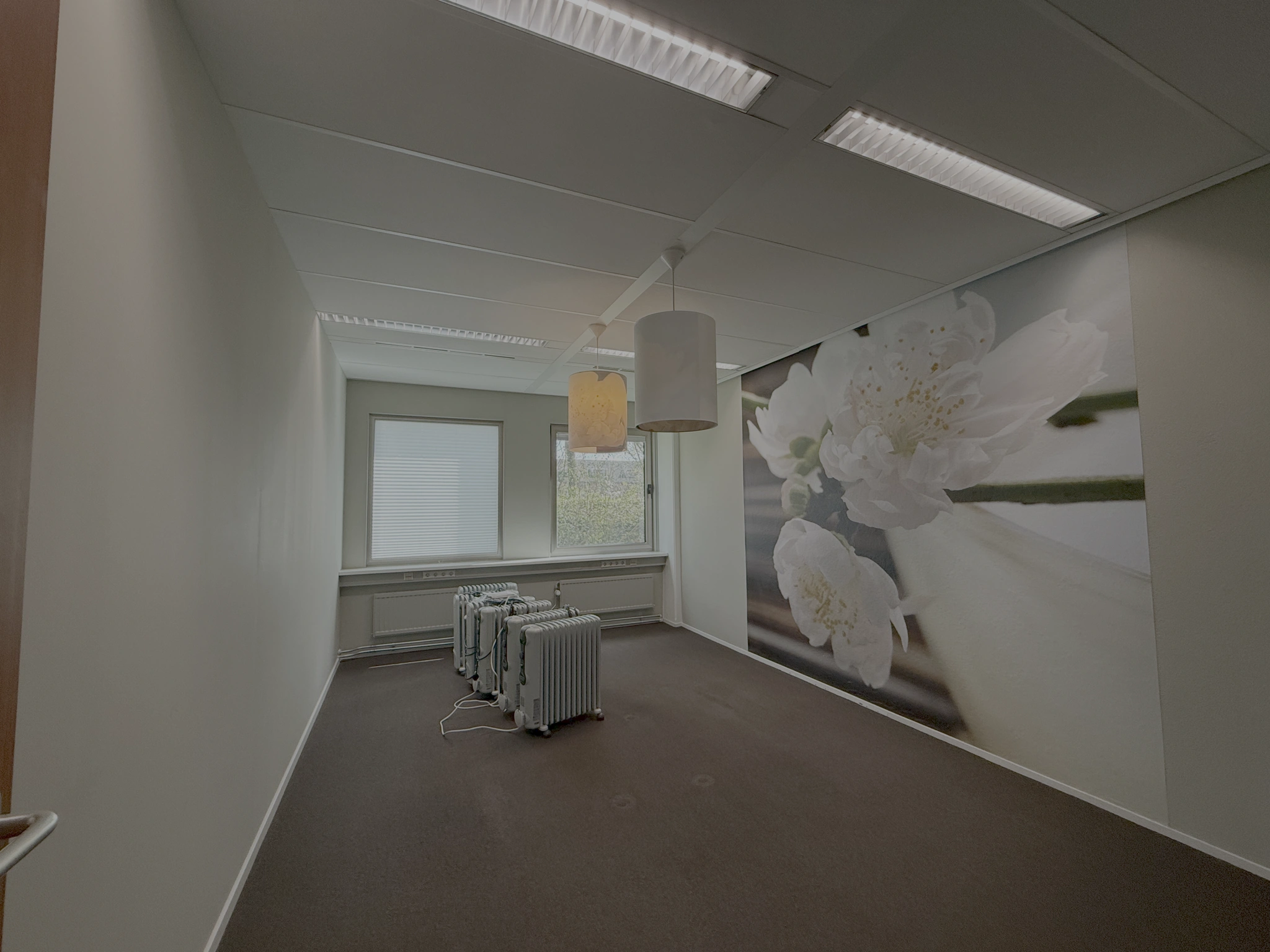 Kleine lege kantoorruimte aan de Lunettenbaan met bloesembehang en meerdere elektrische radiatoren.