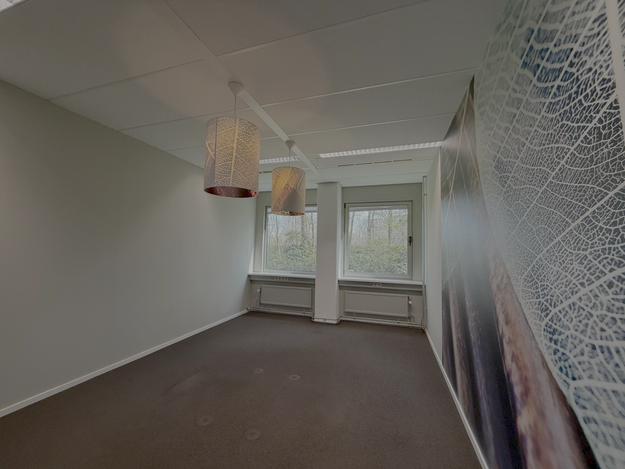 Leeg kantoorpand aan de Lunettenbaan met twee ramen, hanglampen en een decoratieve muur met een bladpatroon.