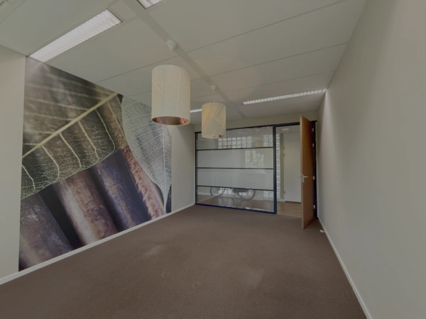Leeg kantoor aan de Lunettenbaan met een opvallende muurprint van een bladerenmotief en glazen tussenwand.