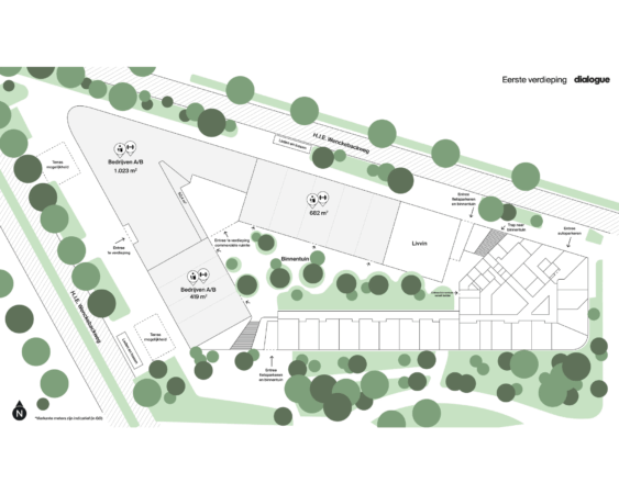 Plattegrond van de eerste verdieping aan de H.J.E. Wenckebachweg met bedrijfsruimten, binnentuin, entrees en parkeerfaciliteiten.