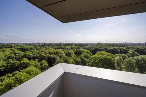 Uitzicht vanaf een balkon aan de Nachtwachtlaan over een uitgestrekt, groen bosgebied met de stad in de verte.
