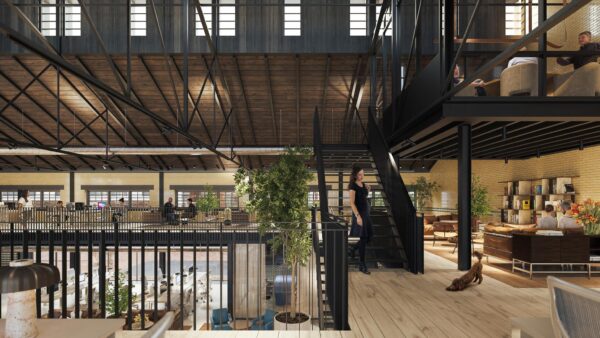 Modern industrieel kantoorinterieur aan de Leidseweg met open werkplekken, vergaderruimtes, planten en een mezzanine.