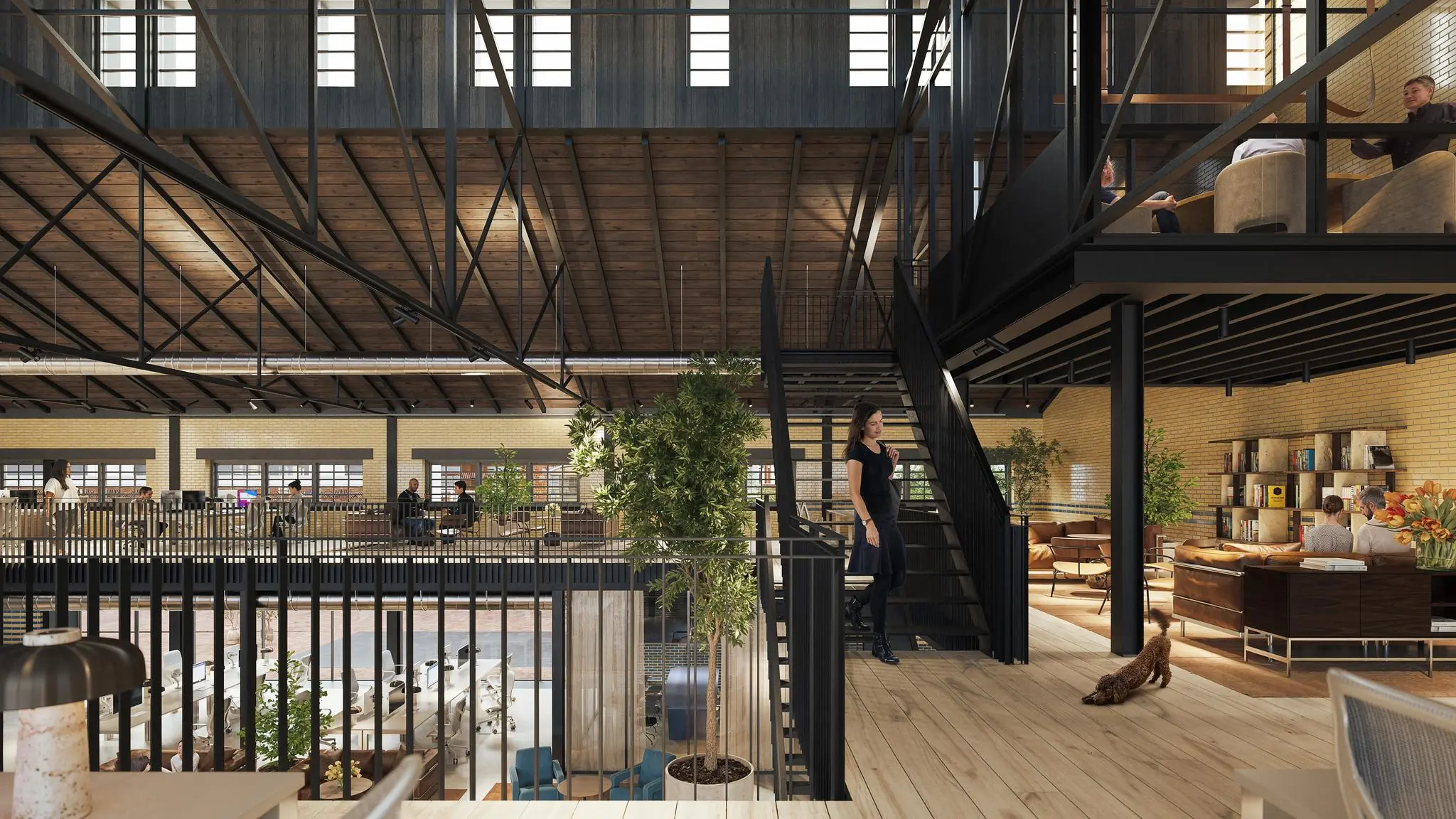 Modern industrieel kantoorinterieur aan de Leidseweg met open werkplekken, vergaderruimtes, planten en een mezzanine.