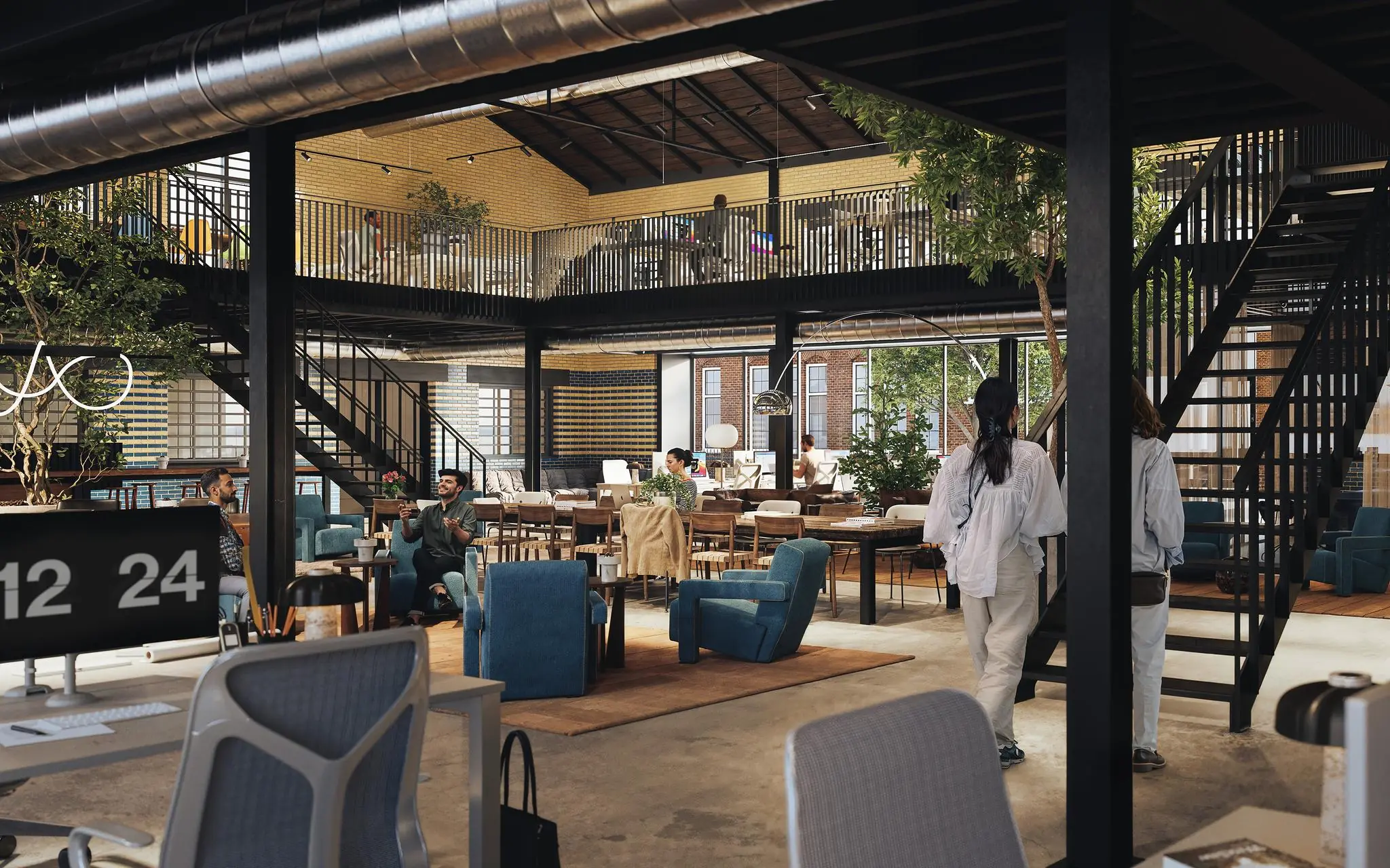 Moderne en open kantoorruimte aan de Leidseweg met veel daglicht, groen en werkplekken op meerdere niveaus.