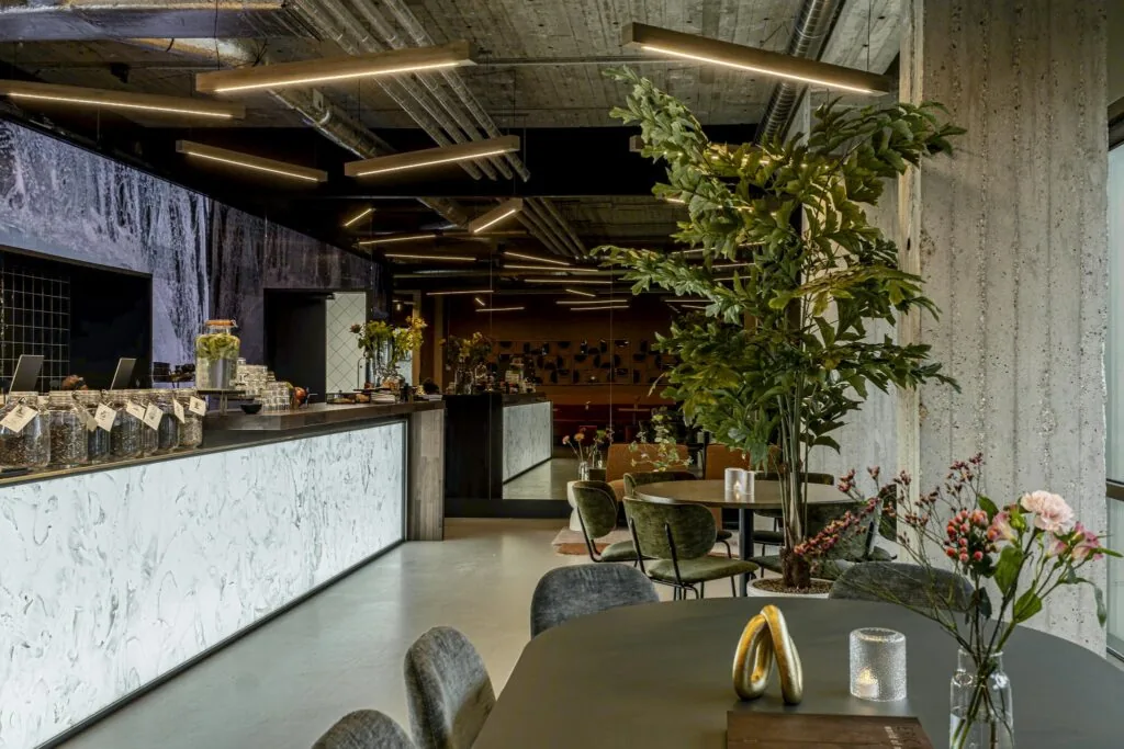 Modern ingerichte horecaruimte in Hofplein met industriële details, groene planten en sfeervolle verlichting.
