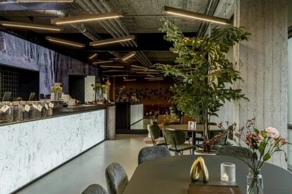 Modern ingerichte horecaruimte in Hofplein met industriële details, groene planten en sfeervolle verlichting.