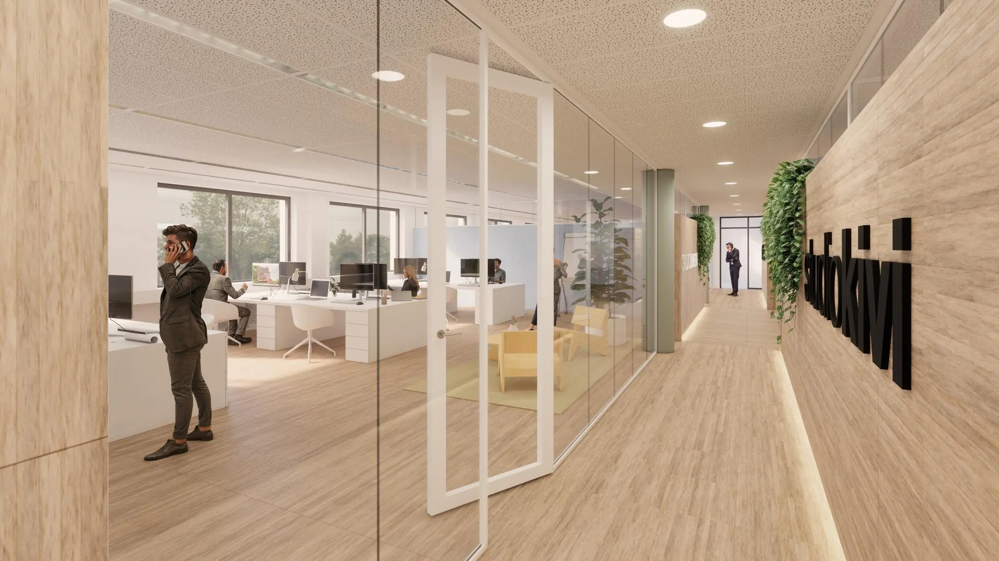 Moderne kantoorruimte aan de Prof. W.H. Keesomlaan met glazen wanden, houten vloer en mensen aan het werk.