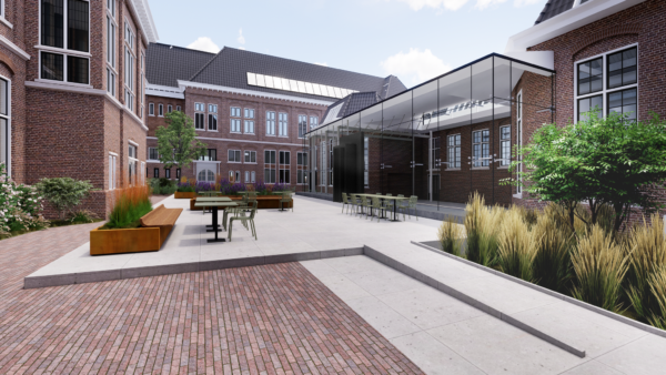 Visualisatie van een modern ingerichte binnentuin met zitplaatsen en beplanting aan de Leidseweg, omringd door historische bakstenen gebouwen.