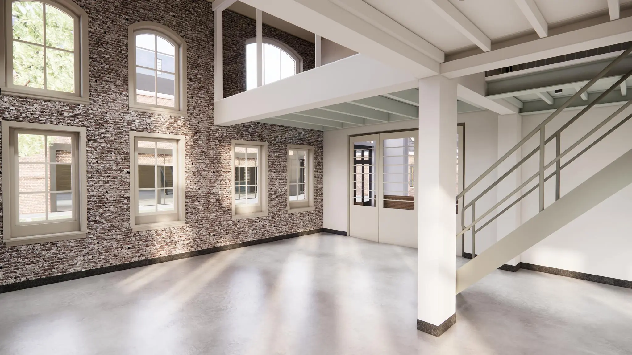 Licht industrieel interieur met bakstenen muur, grote ramen en een moderne trap in een pand aan de Leidseweg.