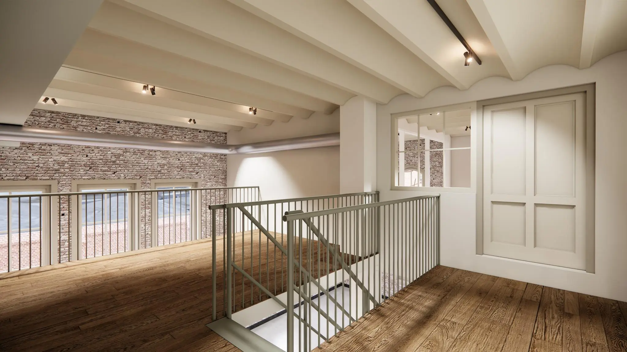 Lichtovergoten bovenverdieping met houten vloer, bakstenen muur en trap met metalen balustrade aan de Leidseweg.