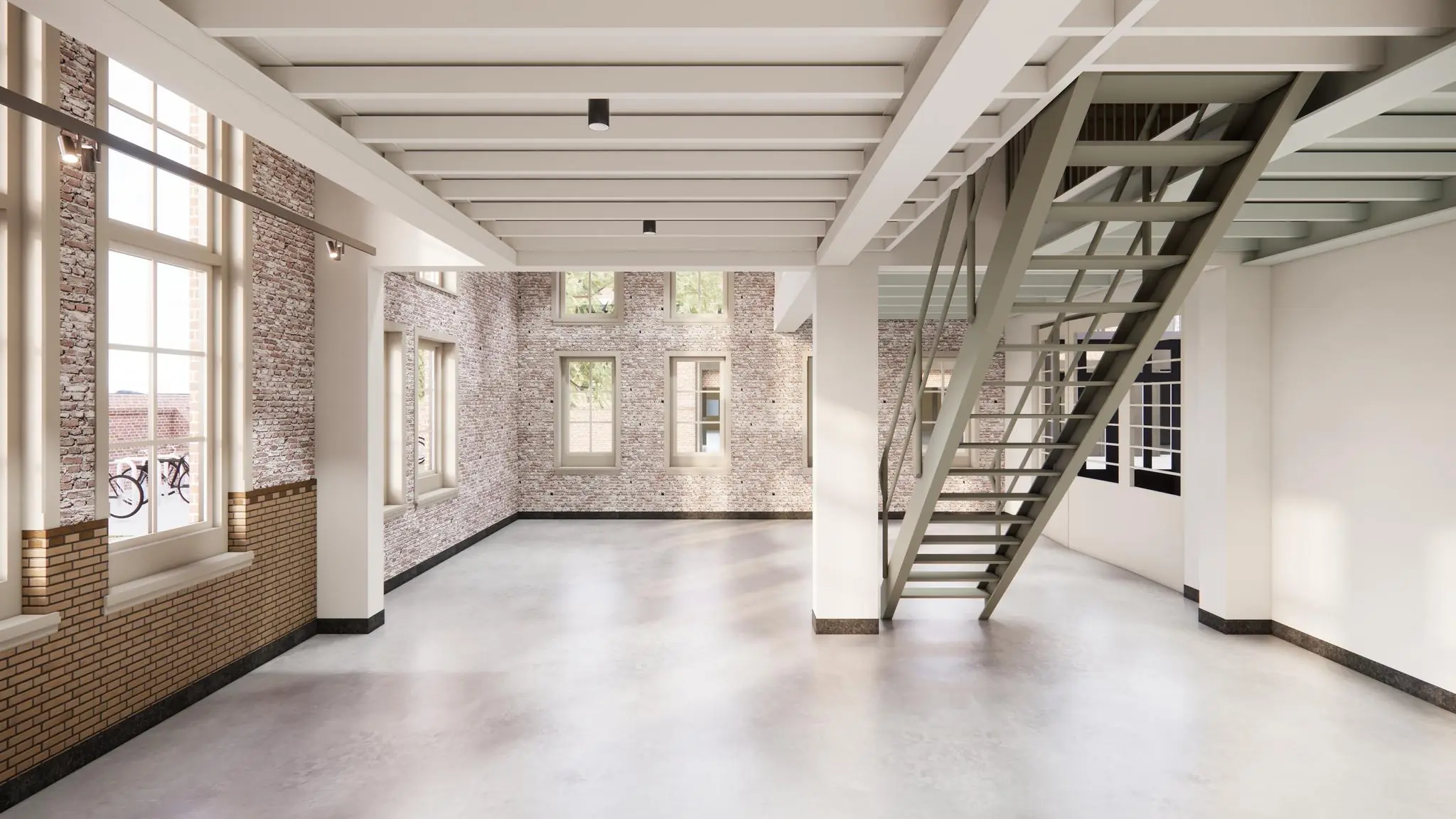 Licht en modern interieur van een gerenoveerde ruimte aan de Leidseweg met zichtbare bakstenen muren en een industriële trap.