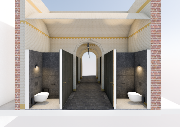 Architectonische visualisatie van een moderne toiletvoorziening in een historisch gebouw aan de Leidseweg.