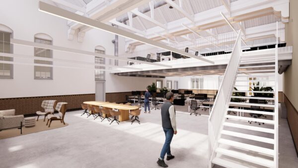Modern en ruim kantoorpand aan de Leidseweg met open werkplekken, vergadertafel, loungehoek en een trap naar de entresol.