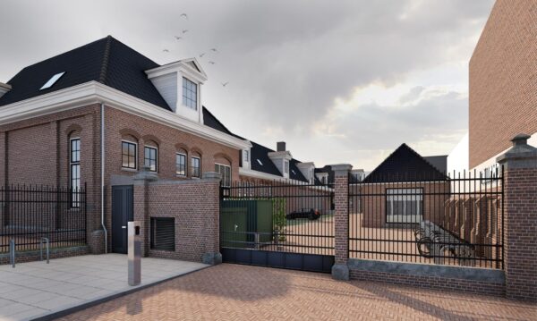Ingang van een afgesloten binnenplaats aan de Leidseweg met herenhuizen, een fietsenstalling en geparkeerde auto.