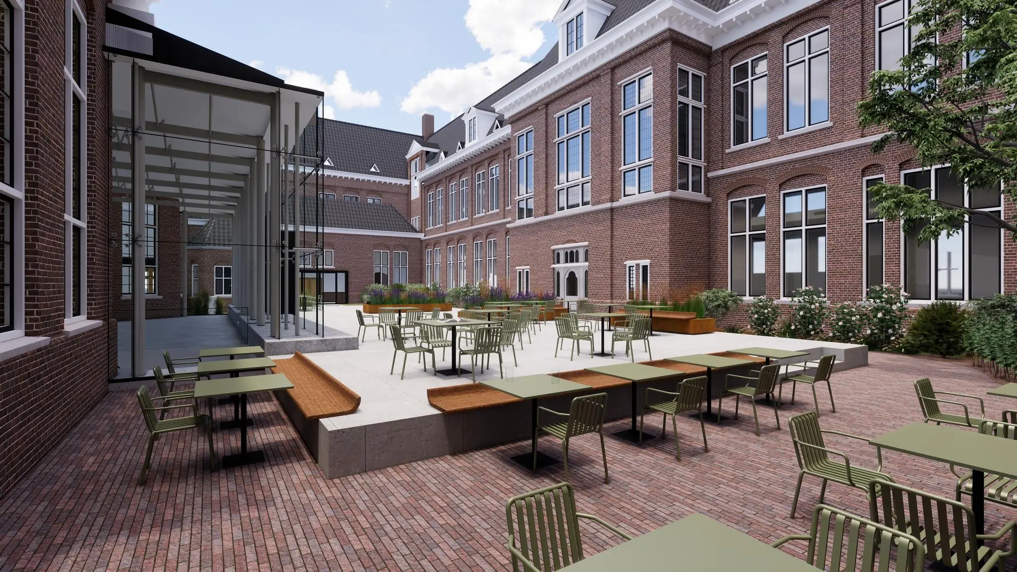 Binnenplaats van een historisch schoolgebouw aan de Leidseweg met moderne terrastafels en groenvoorziening.