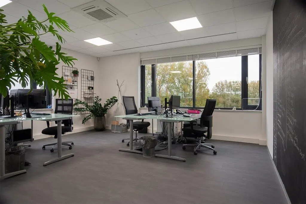 Modern kantoorinterieur aan de Cypresbaan met glazen bureaus, bureaustoelen, grote ramen en groene planten.