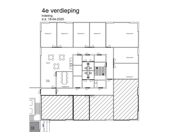 Plattegrond van de 4e verdieping op Cypresbaan met kantoorunits, vergaderruimte en kantine, gedateerd 18-04-2025.