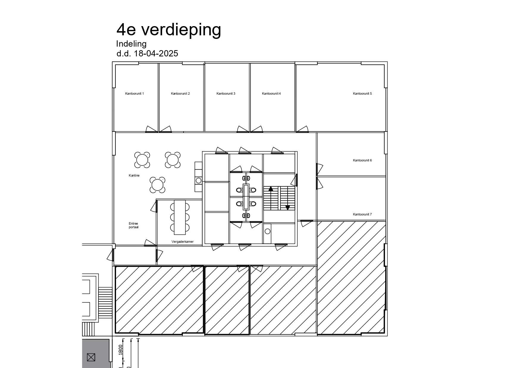 Plattegrond van de 4e verdieping op Cypresbaan met kantoorunits, vergaderruimte en kantine, gedateerd 18-04-2025.