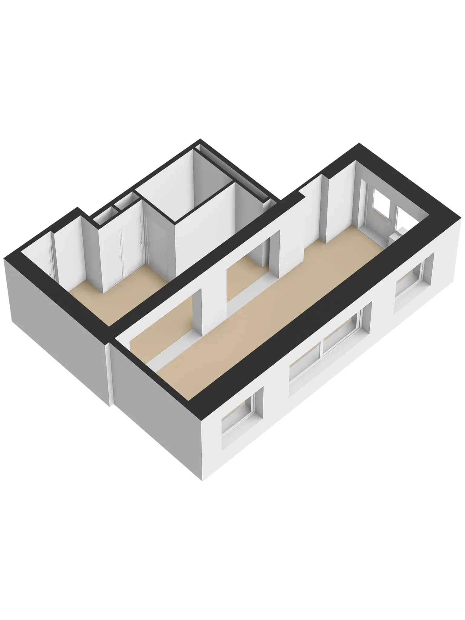 3D-impressie van de plattegrond van een appartement aan het Maanplein met zichtbaar ingedeelde kamers en raampartijen.