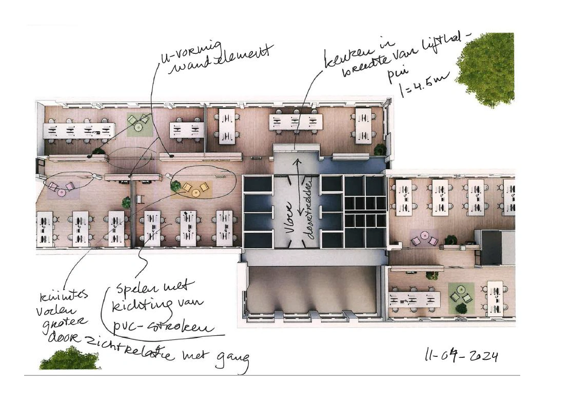 Plattegrond van een kantoorindeling aan de Prof. W.H. Keesomlaan met handgeschreven aantekeningen over inrichting en indeling, gedateerd 11-04-2024.