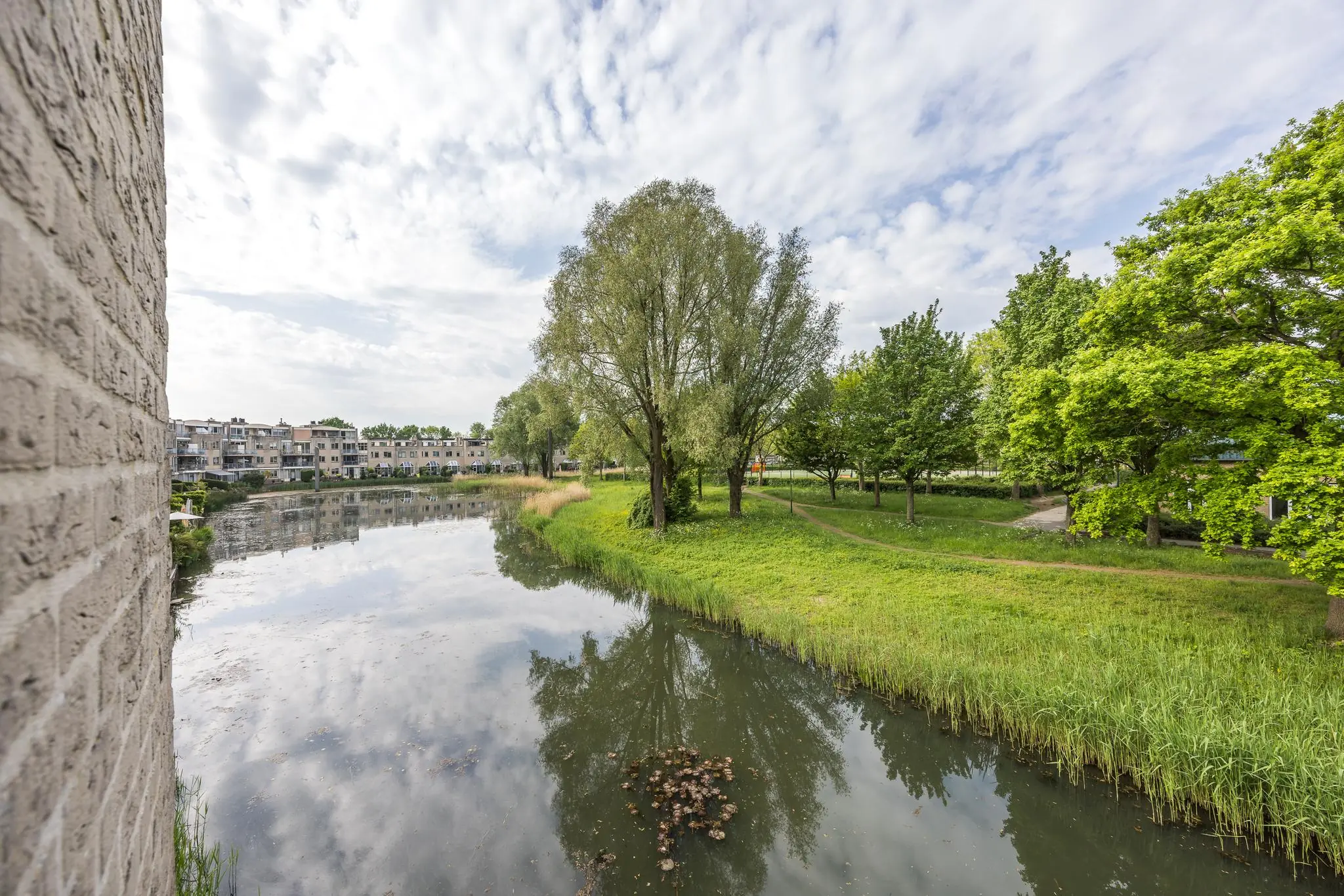 Waterpartij met groenstrook, bomen en appartementen aan de Buitenweg in een woonwijk.