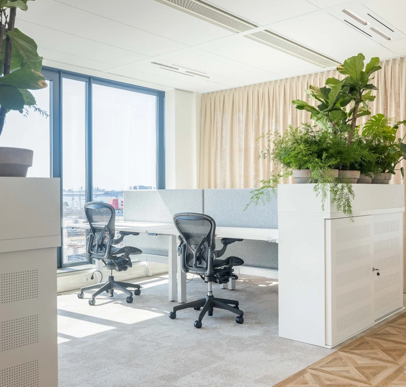 Licht en modern kantoor met ergonomische bureaustoelen, hoge ramen en veel groene planten.