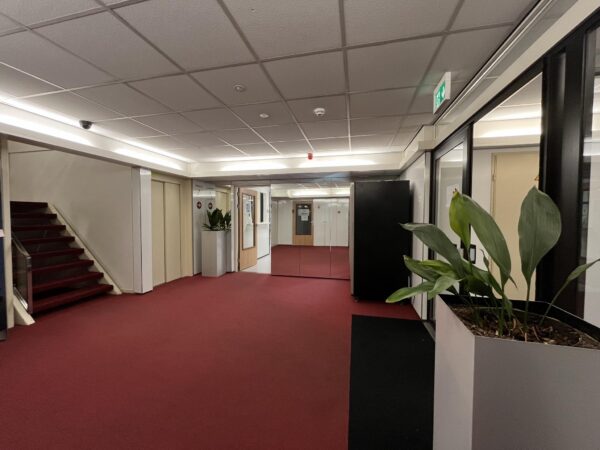 Ingangshal van een kantoorgebouw aan de Industrieweg met rode vloerbedekking, spiegelwand en plantenbakken.