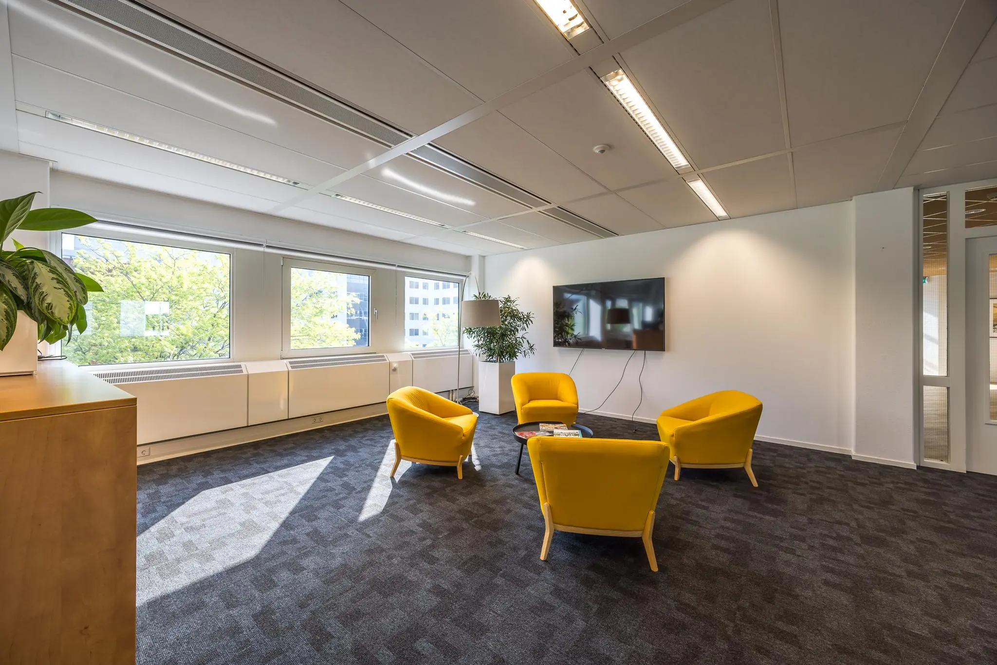 Moderne kantoorlounge met vier gele stoelen, een salontafel, een flatscreen-tv en grote ramen die uitzicht bieden op bomen en omliggende gebouwen.